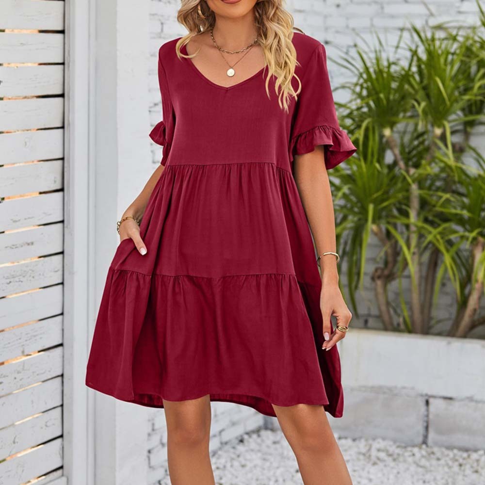 Summer casual V-neck ruffle loose dress beach dress