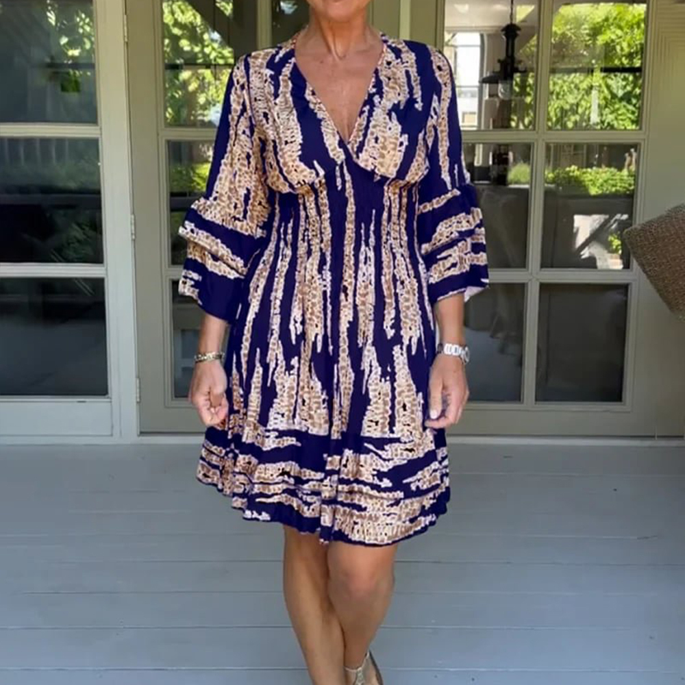 2024 New Year Hot Sale-V Neck Bell Sleeve Printed Dress