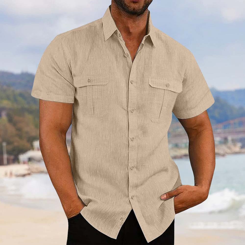Men's stretch breathable cotton and linen pocket short-sleeved shirt