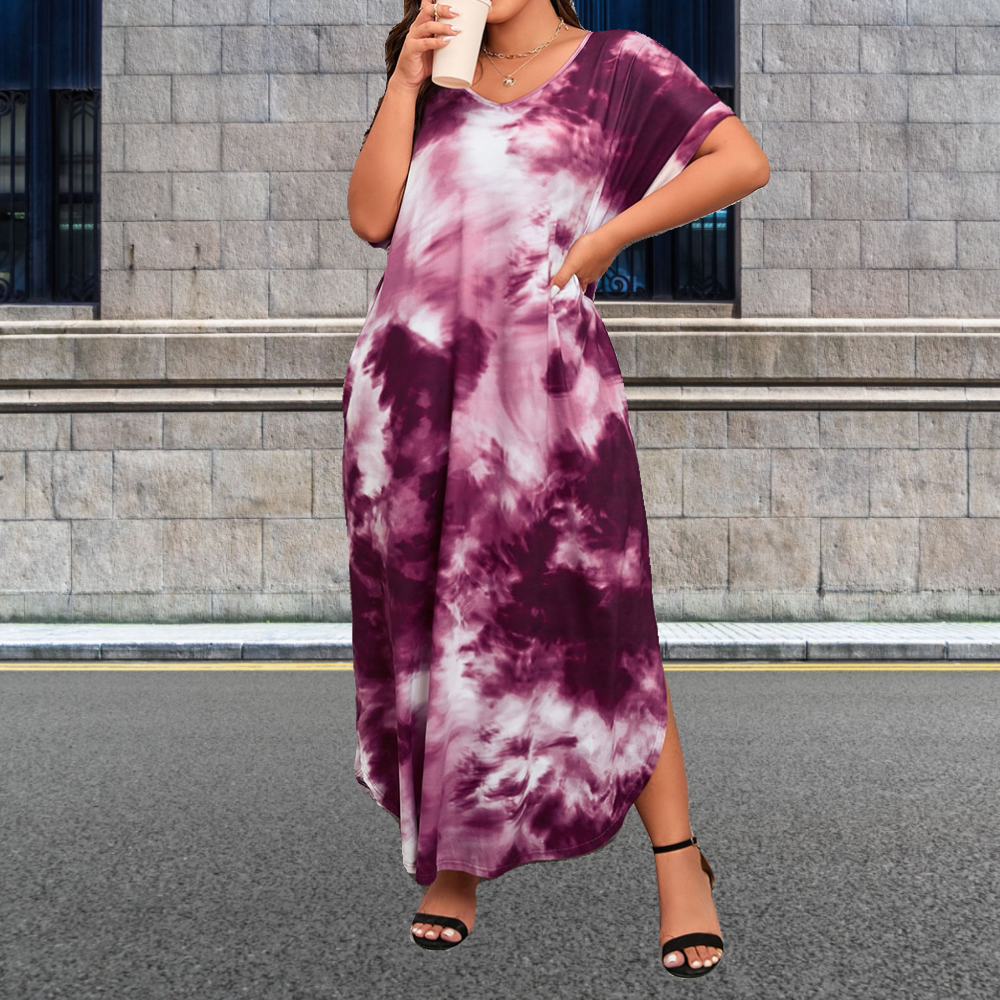 Olivoslindo Verano nueva falda larga vestido de manga corta tie-dye de gran tamaño