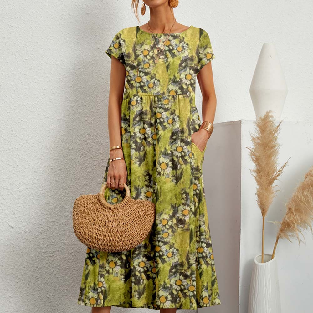 New Loose Cotton Linen Short Sleeve Round Neck Printed Dress