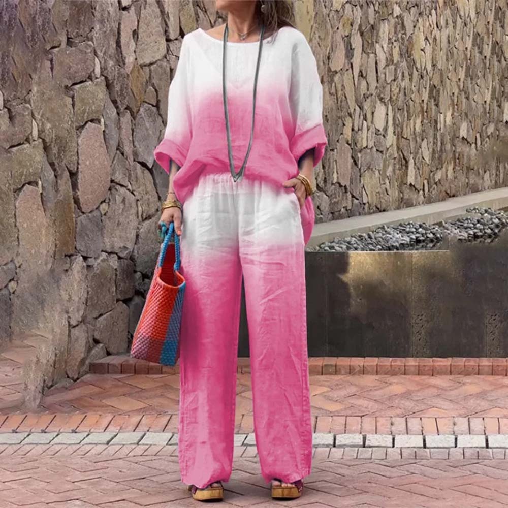 Conjunto de dos piezas degradado de algodón y lino para mujer a la moda