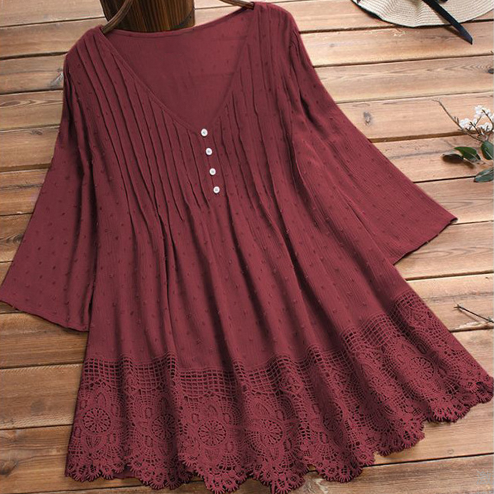 Summer ladies temperament lace V-neck hollow short-sleeved shirt