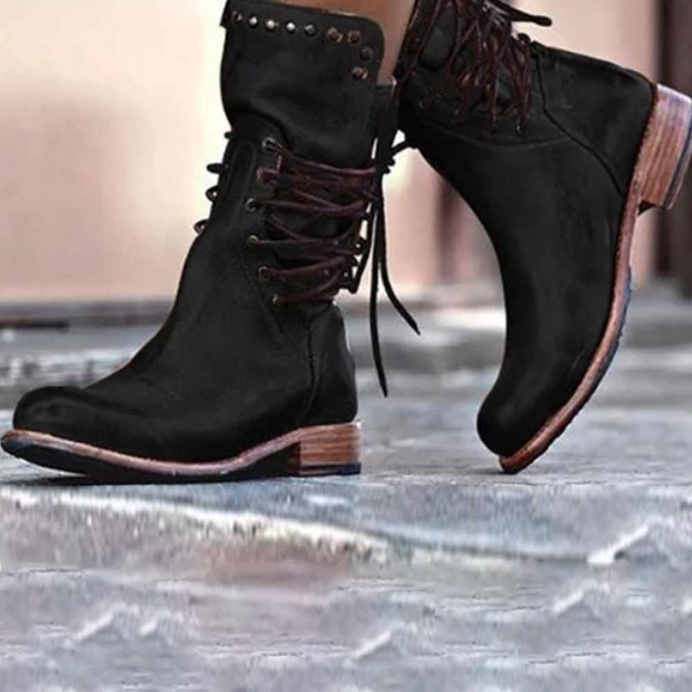 Olivoslindo Nuevo Botas de media piel con cremallera trasera de color liso para mujer