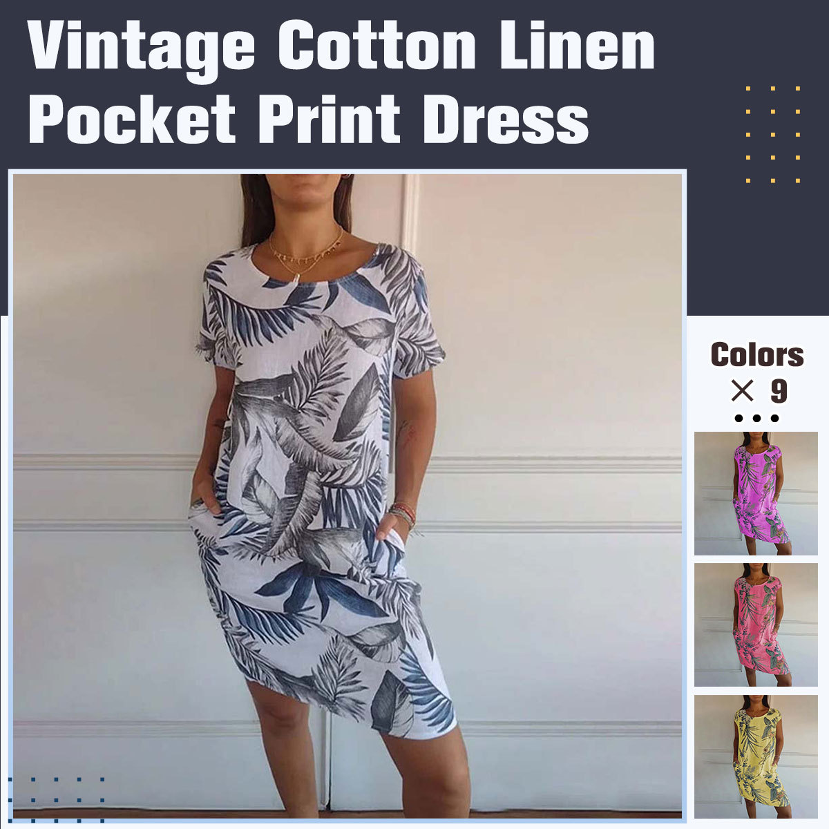 Vestido de mujer con bolsillo estampado, cuello redondo, algodón y lino