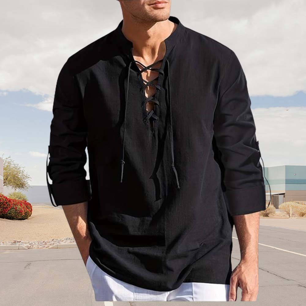 Spring Men's Cotton and Linen Stand Collar Long Sleeve Tie-Up Shirt