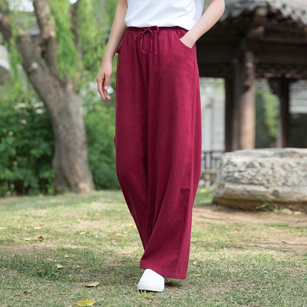 2024 Spring and summer women's retro linen wide-leg pants