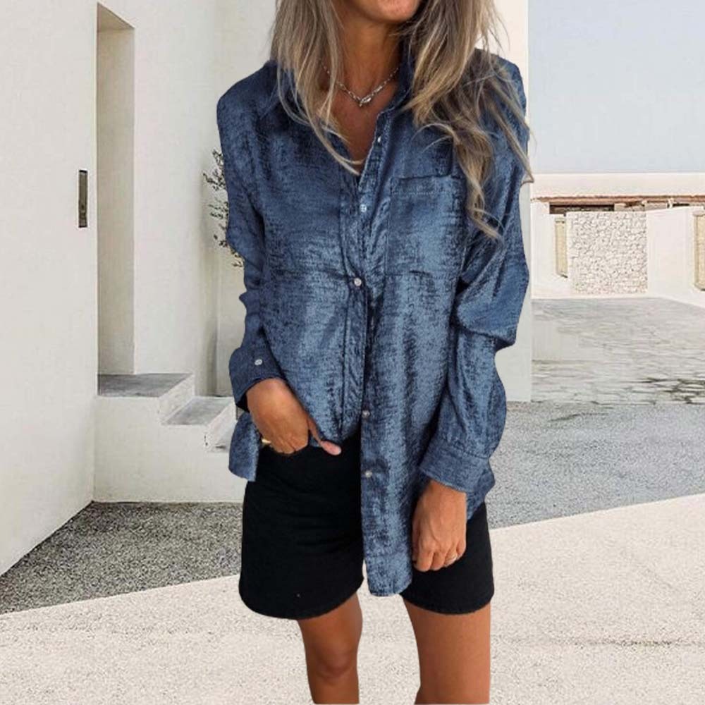 Camisa de solapa de moda de gamuza casual para mujer de primavera 2024