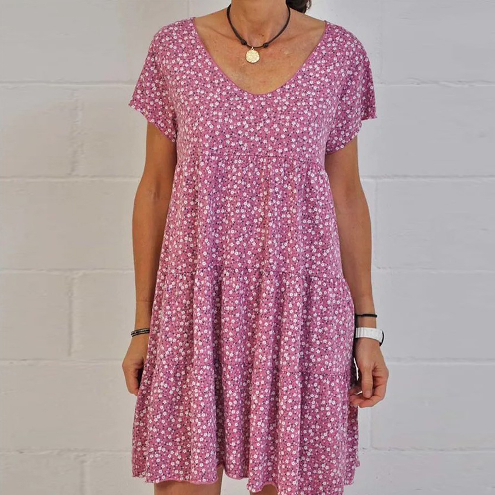 Olivoslindo Vestido floral de manga corta con cuello redondo