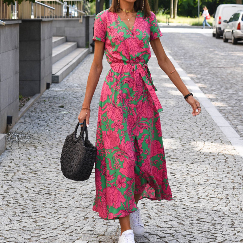 Summer bohemian style tie-front V-neck printed slit dress