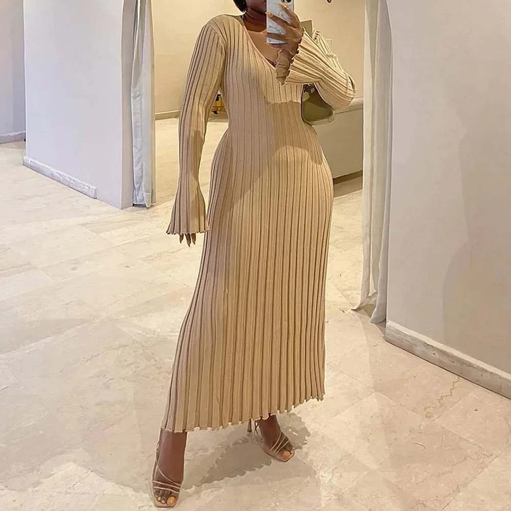 Fashion new long sleeve knitted midi dress