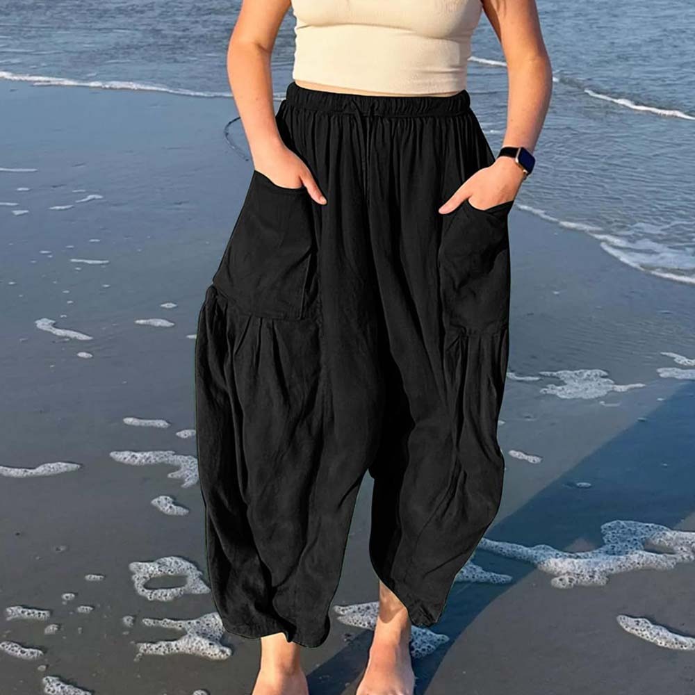 Pantalones casuales de algodón y lino con pierna ancha y cintura alta