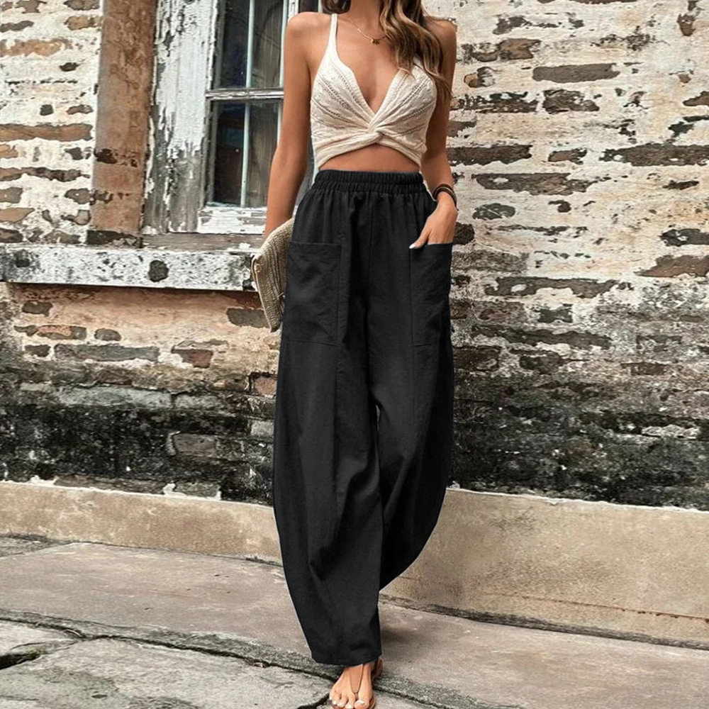 Pantalones casuales de mujer con bolsillo de color sólido Pantalones elásticos