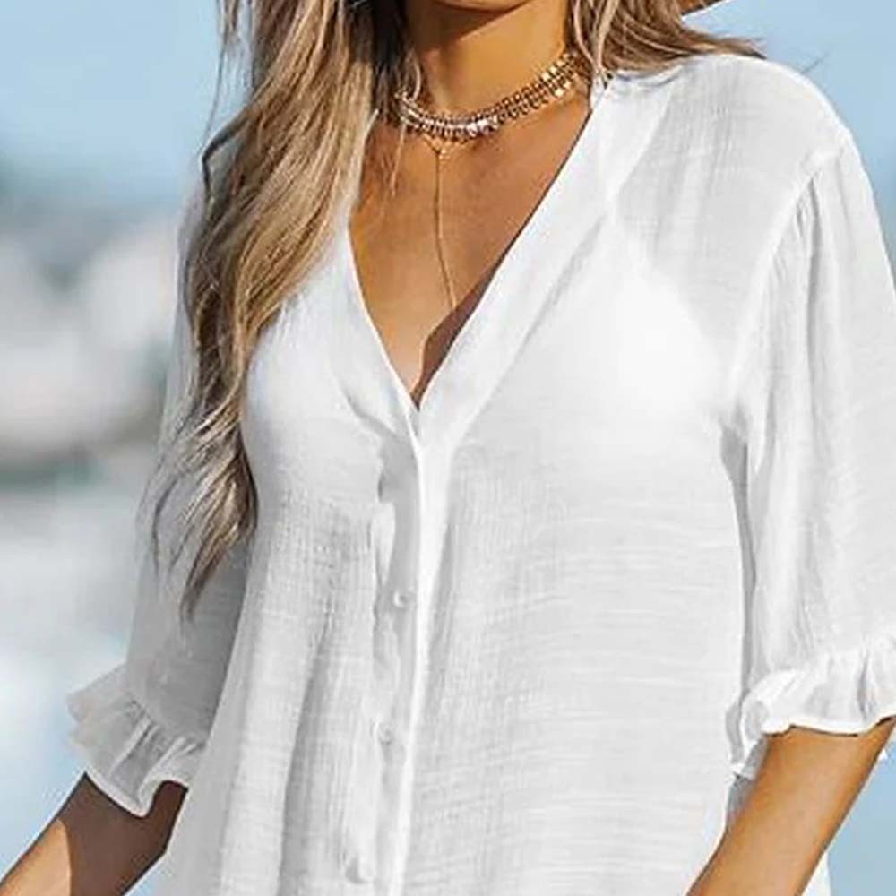 Vestido de playa con cuello en V y volantes de verano para mujer