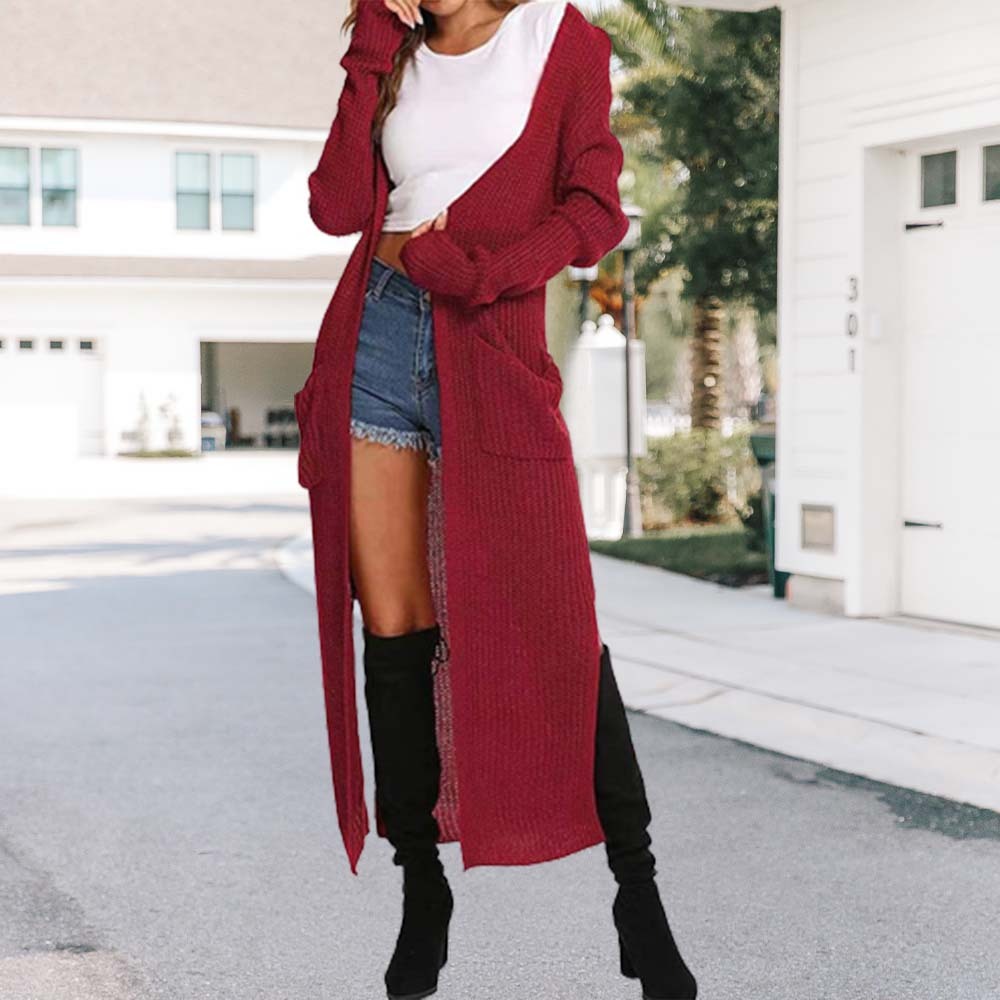 Olivoslindo Abrigo de mujer fino de punto con abertura larga y bolsillos grandes