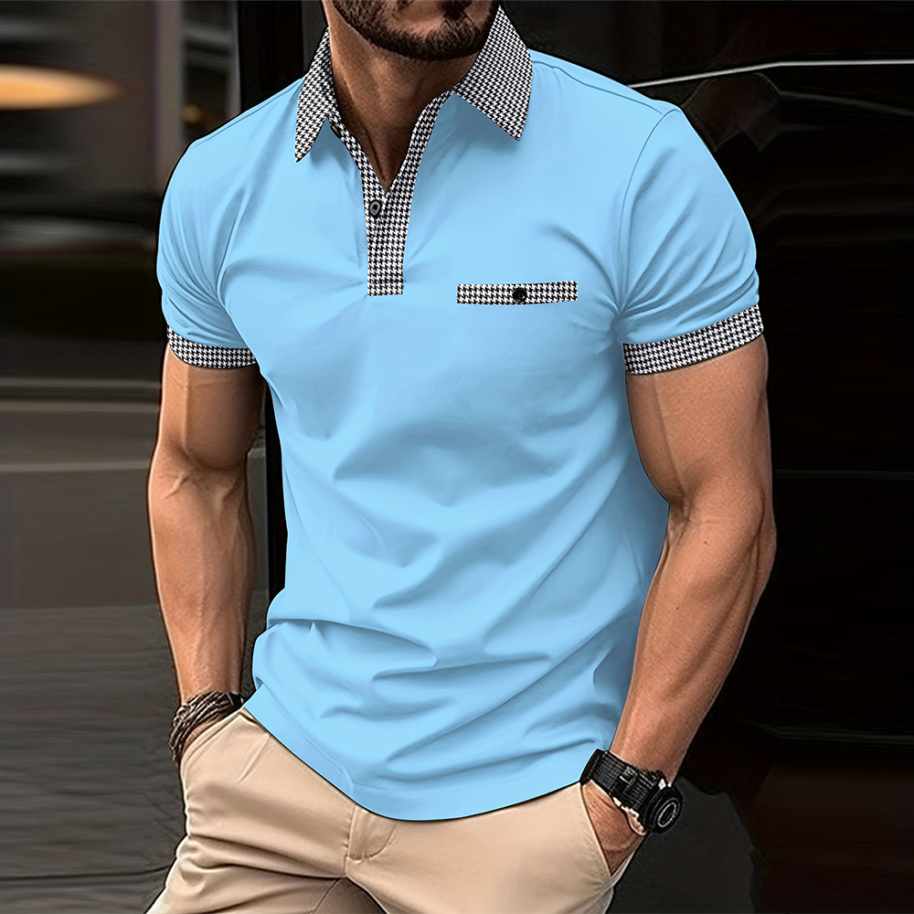 Summer Men's Houndstooth Casual Button Collar Short Sleeve Polo Shirt