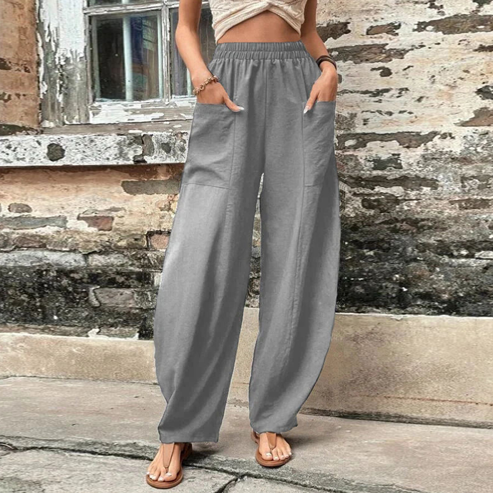 Olivoslindo Pantalones casuales de mujer con bolsillo de color sólido Pantalones elásticos