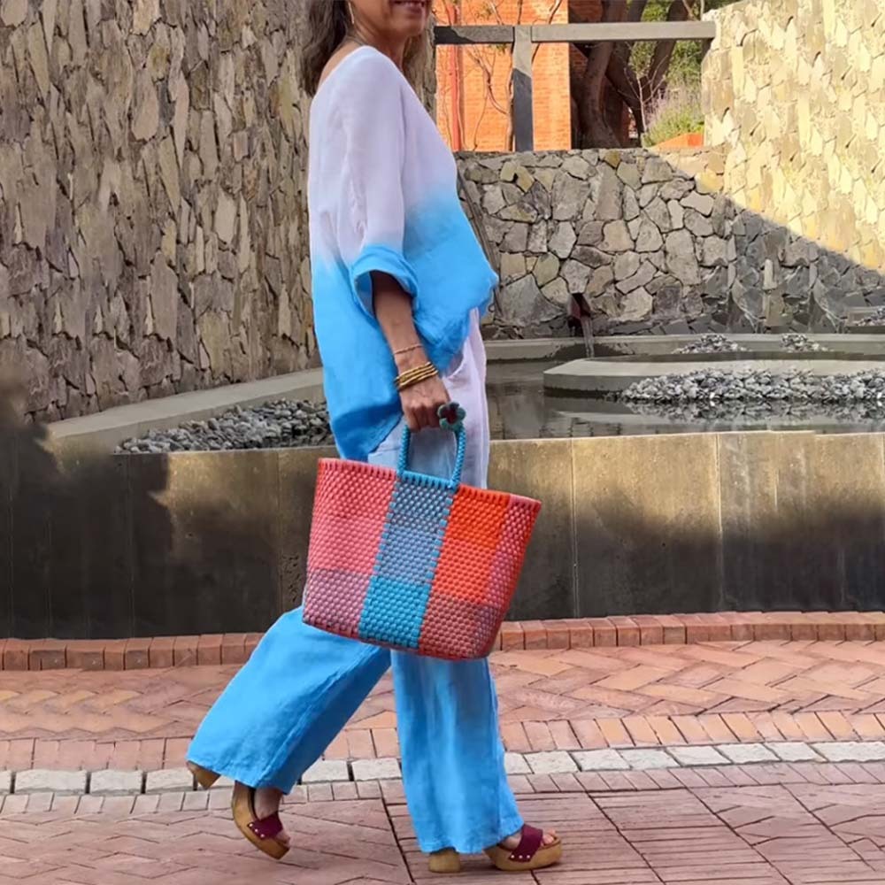 Conjunto de dos piezas degradado de algodón y lino para mujer a la moda