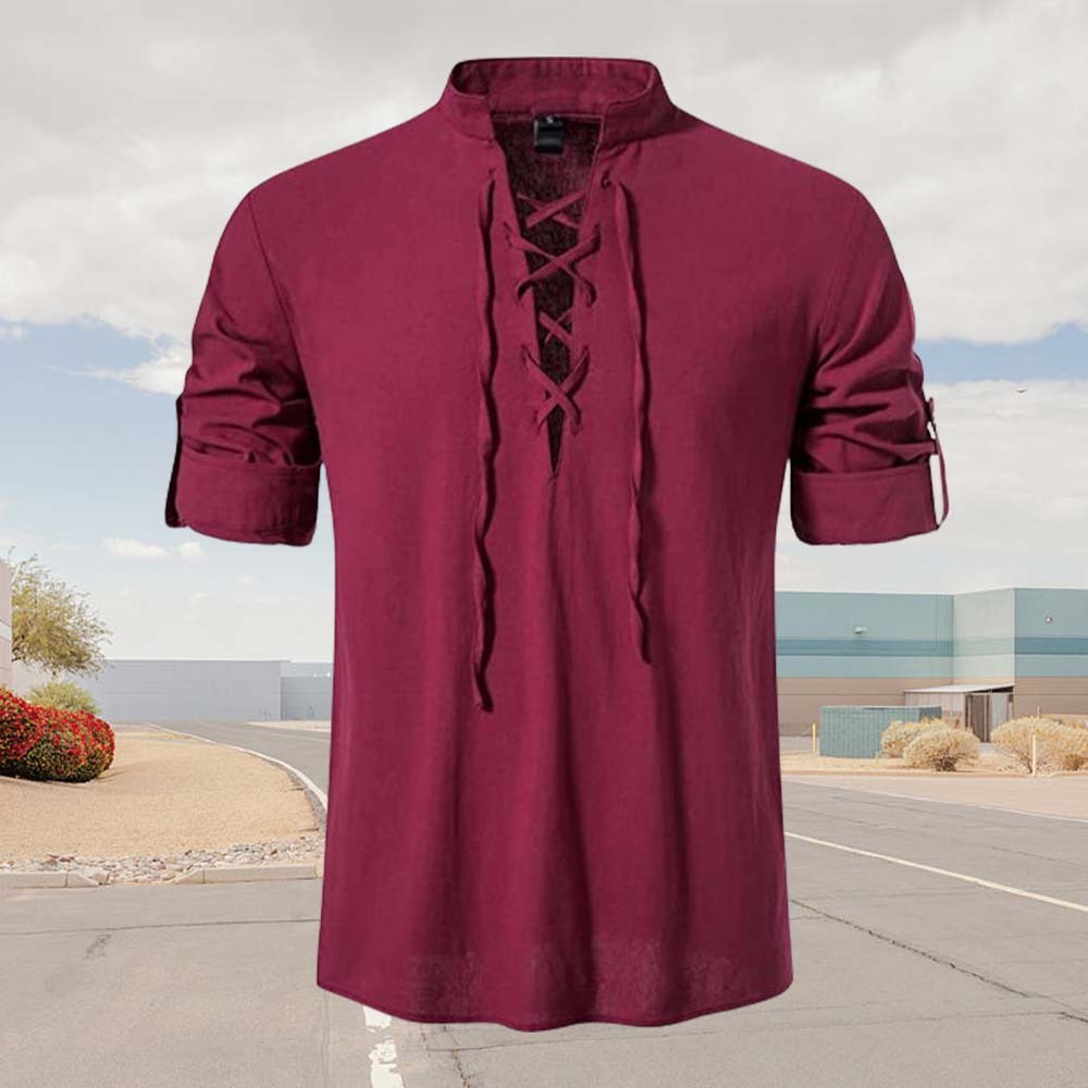 Spring Men's Cotton and Linen Stand Collar Long Sleeve Tie-Up Shirt