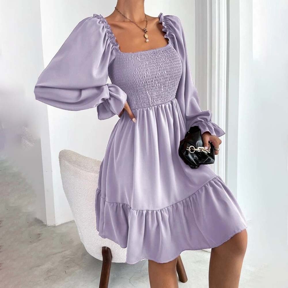 2024 Temperament Square Neck Pleated Ruffle Dress