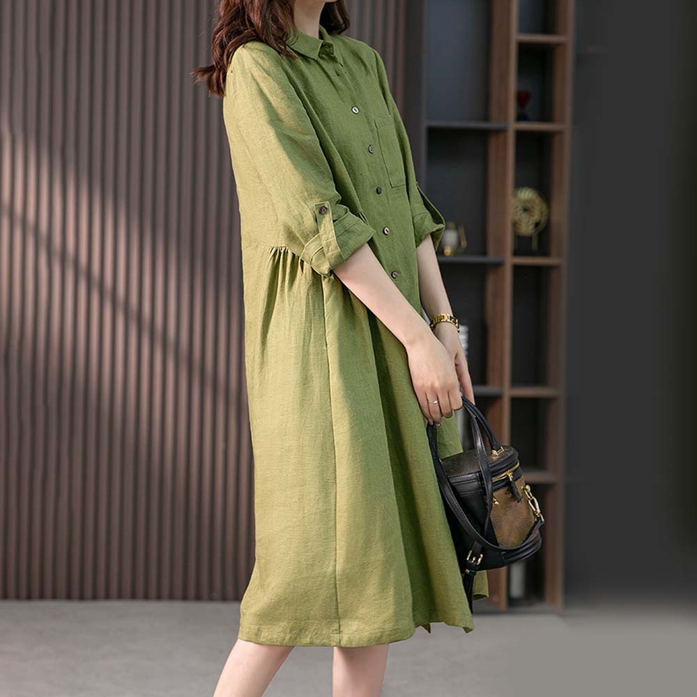 Vestido elegante suelto de algodón y lino para mujer