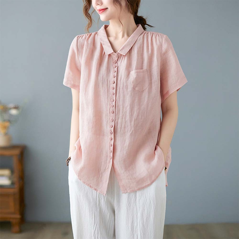Women's loose large size cotton and linen short sleeve shirt