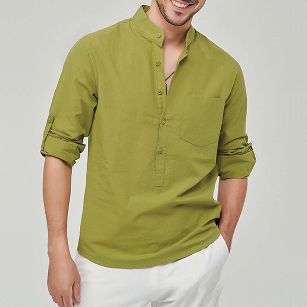 Hojanaranja Camisa henley cómoda de algodón de color liso para hombre