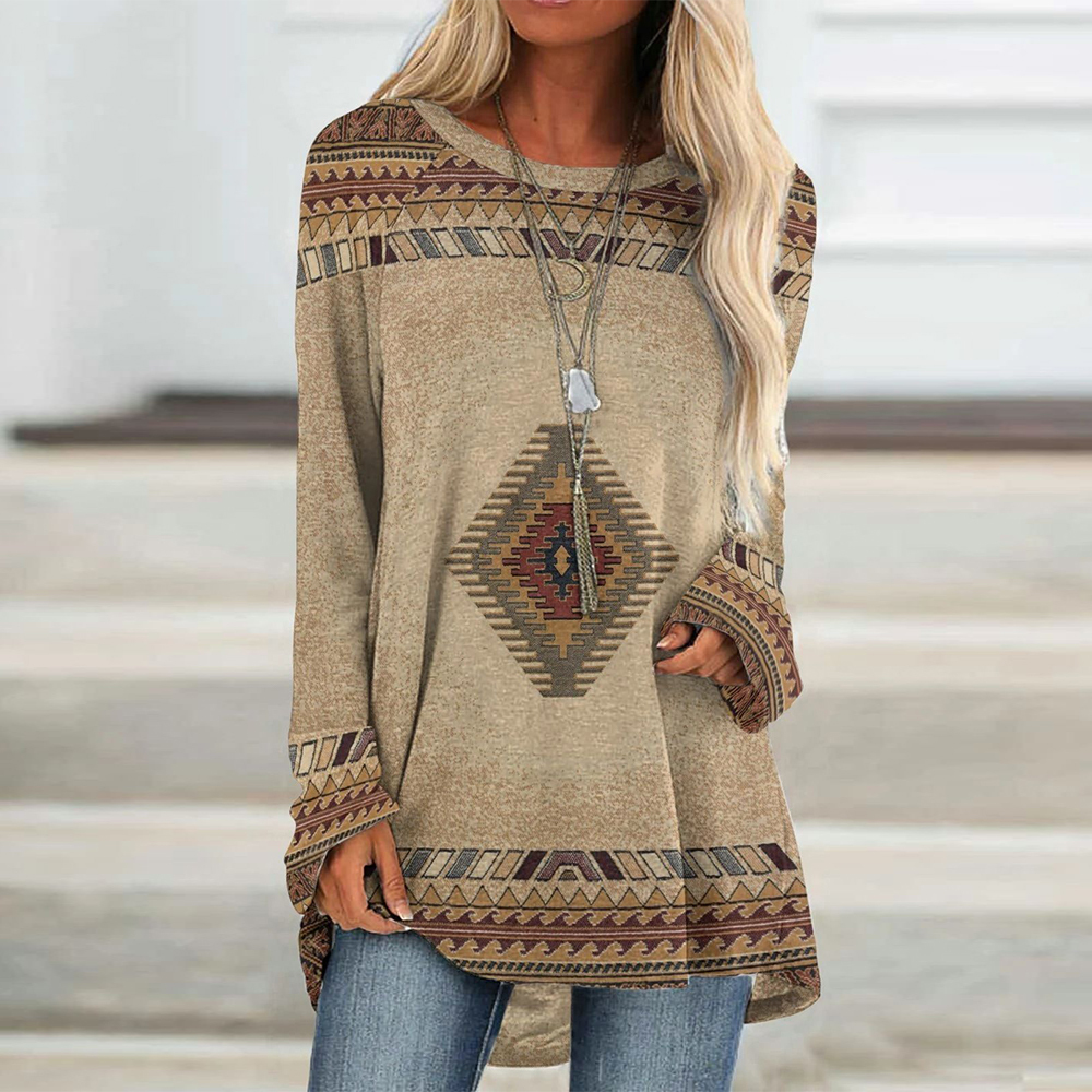 Camiseta midi étnica de manga larga y cuello redondo