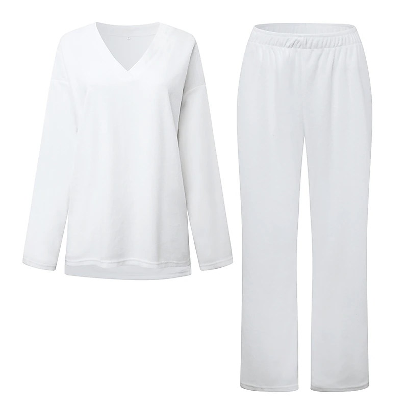 Olivoslindo Traje casual de cuello en V de lana de color liso para mujer (parte superior + pantalones)