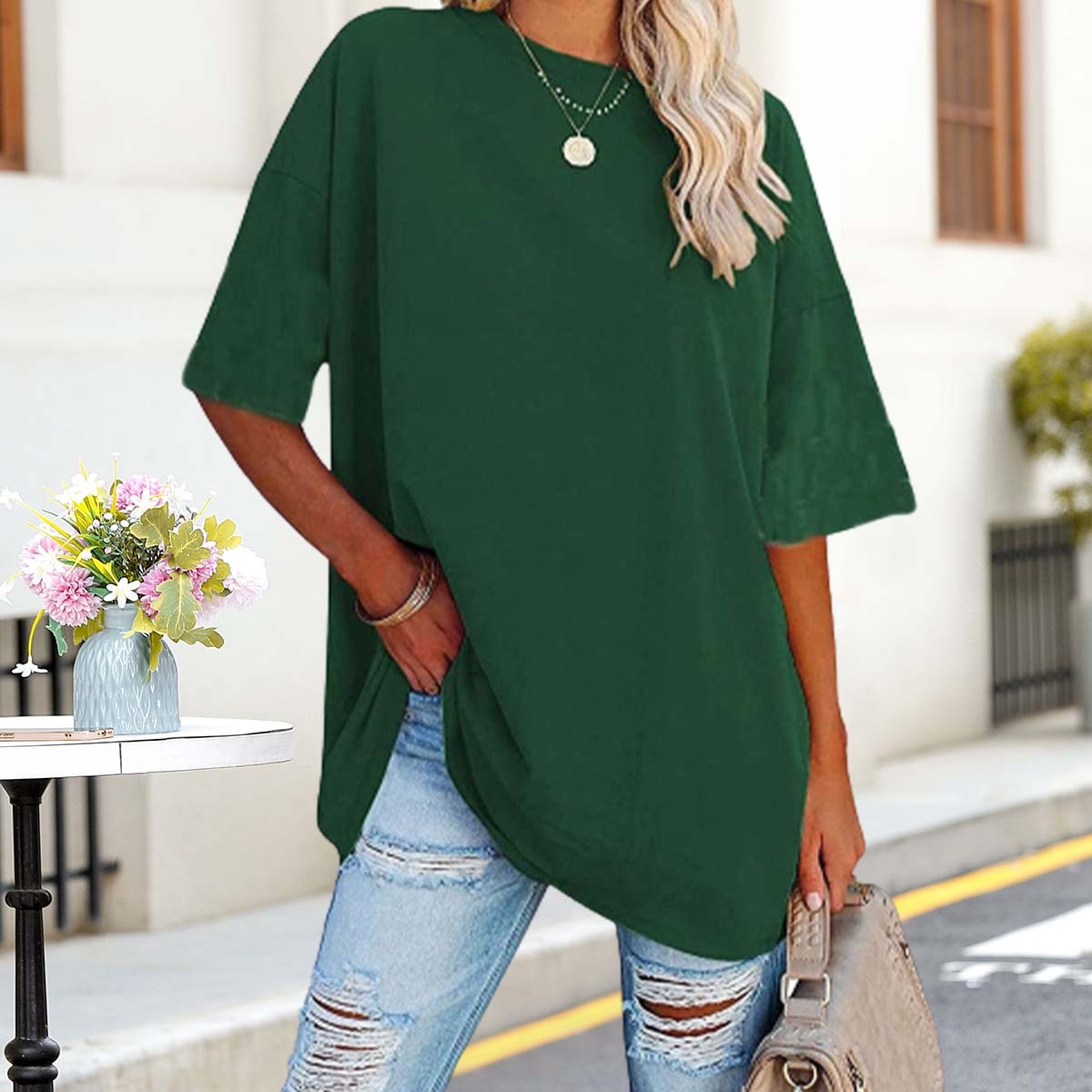 Olivoslindo Sommer Casual Damen Einfarbig Tropfen Schulter Ärmel Rundhals Lose T-Shirt