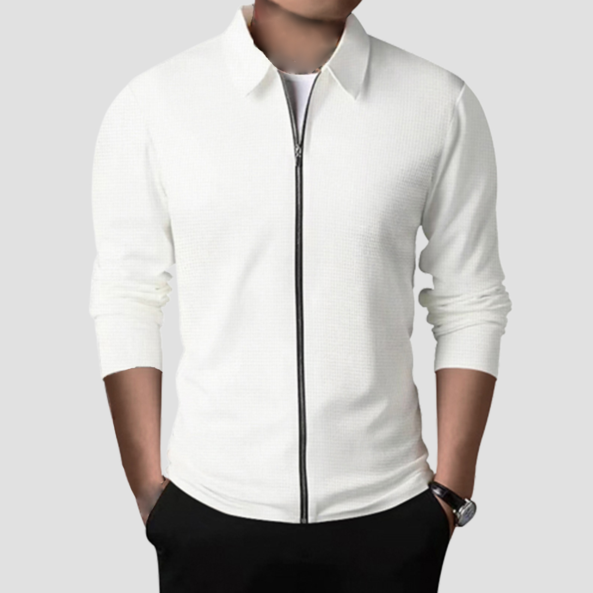 Olivoslindo Nueva chaqueta informal con solapa y cremallera tipo gofre para hombre