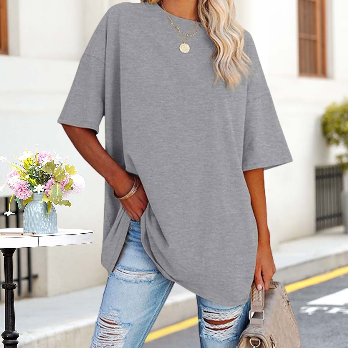 Olivoslindo Sommer Casual Damen Einfarbig Tropfen Schulter Ärmel Rundhals Lose T-Shirt