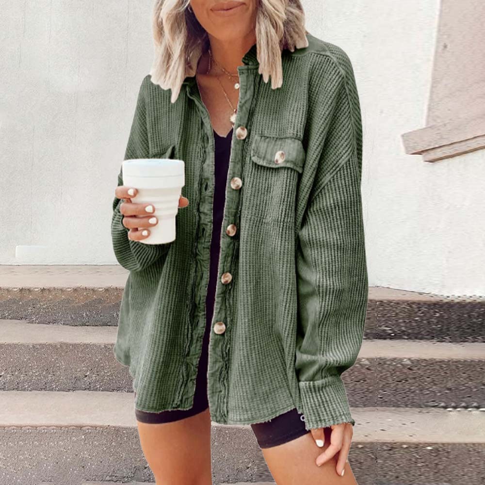 Olivoslindo Chaqueta de camisa irregular de costura de bolsillo de solapa casual de otoño para mujer