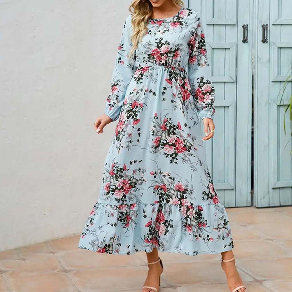 Women's Bohemian Ruffle Print Long Sleeve Dress