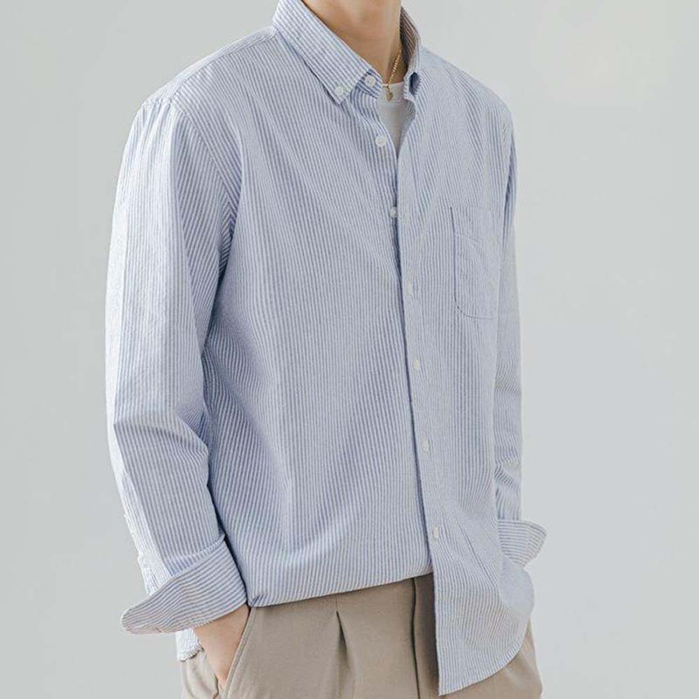 Men's comfortable cotton lapel striped long-sleeve shirt