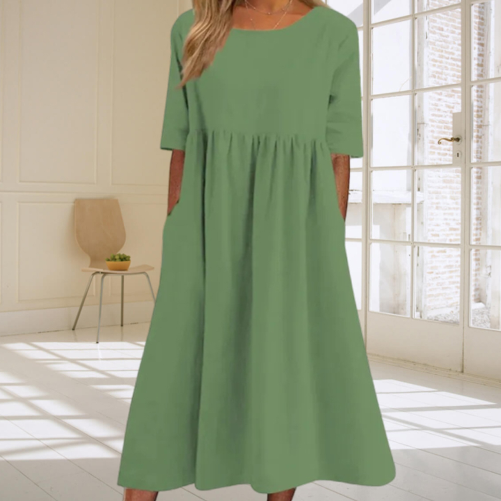 Summer new cotton and linen casual loose round neck dress