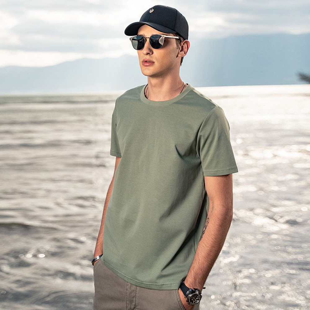 Olivoslindo Camiseta de manga corta con cuello redondo de algodón de seda helada para hombre