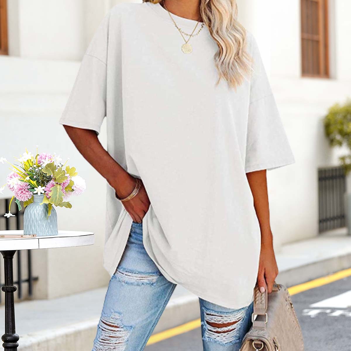 Olivoslindo Sommer Casual Damen Einfarbig Tropfen Schulter Ärmel Rundhals Lose T-Shirt