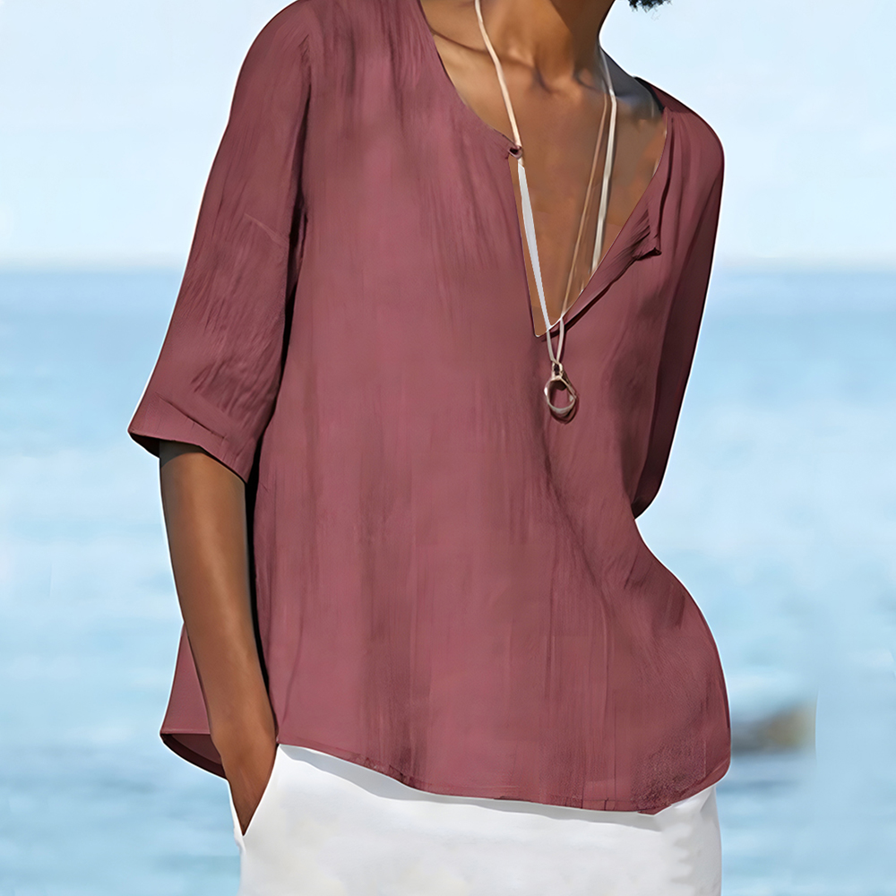 Olivoslindo Camisa de mujer de manga larga de lino y algodón de color liso