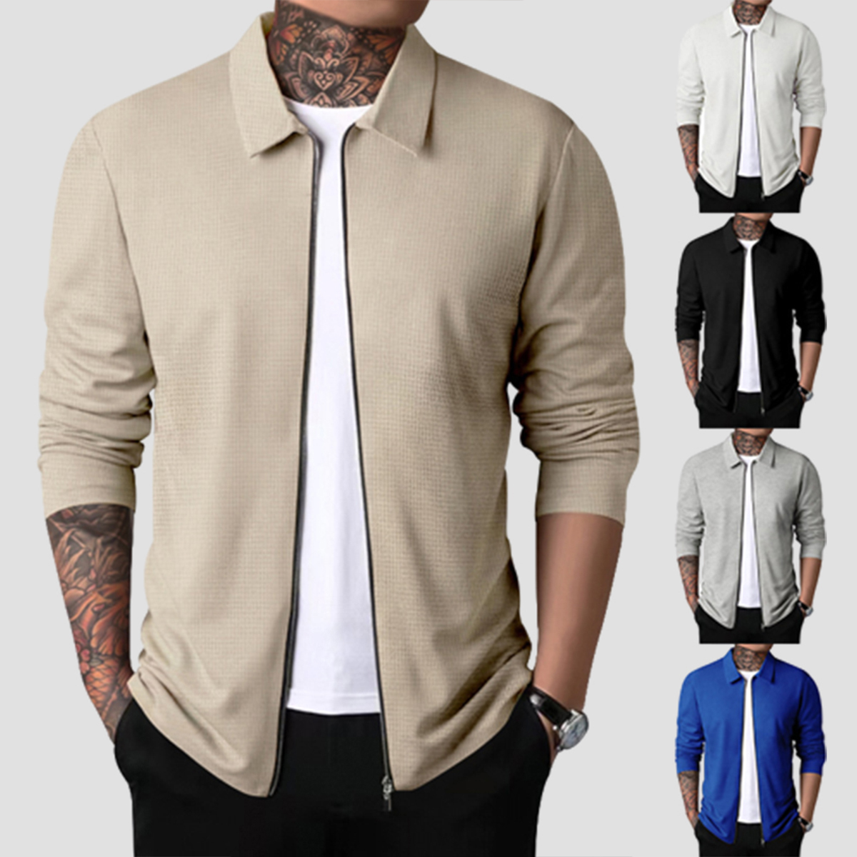 Olivoslindo Nueva chaqueta informal con solapa y cremallera tipo gofre para hombre