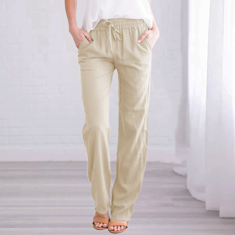 New Ladies Solid Color Cotton Linen Straight Leg Pants