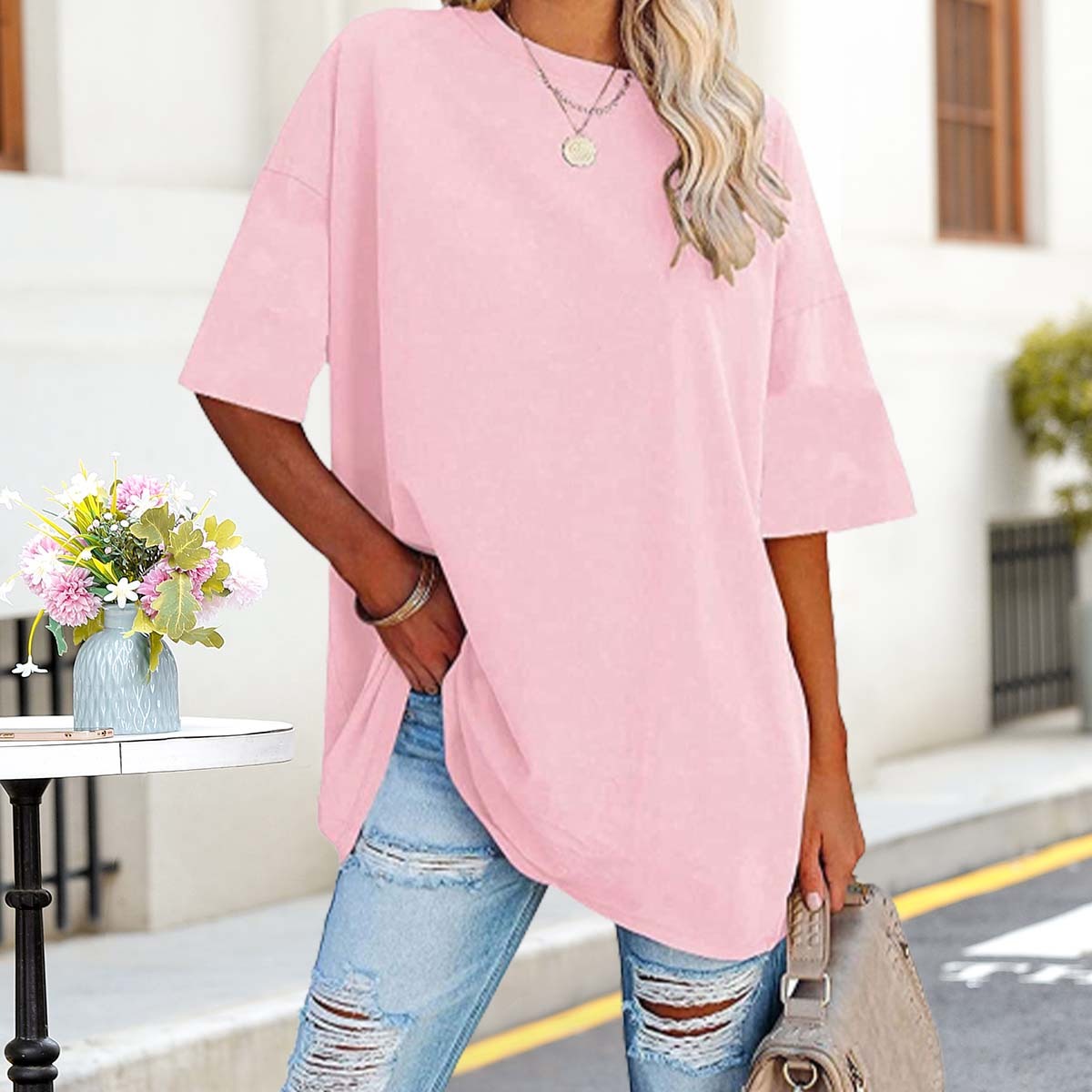 Olivoslindo Sommer Casual Damen Einfarbig Tropfen Schulter Ärmel Rundhals Lose T-Shirt