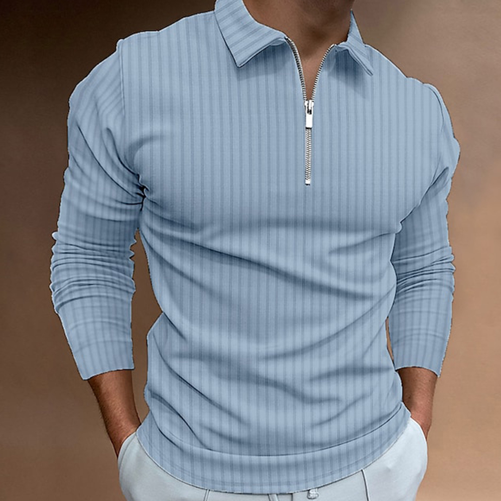 Olivoslindo Polo de manga larga a rayas vintage con cremallera de moda para hombre de primavera