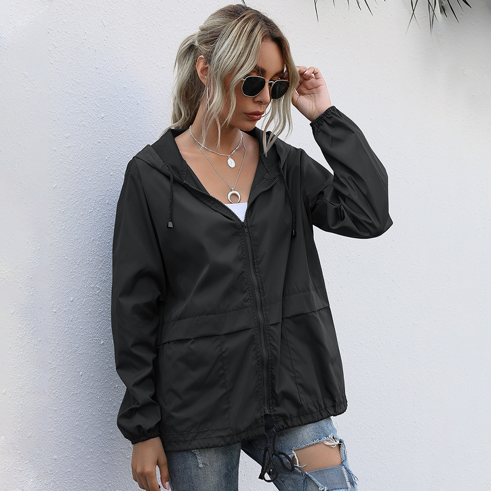 Olivoslindo Chaqueta con capucha impermeable con cremallera para exteriores de moda de otoño para mujer