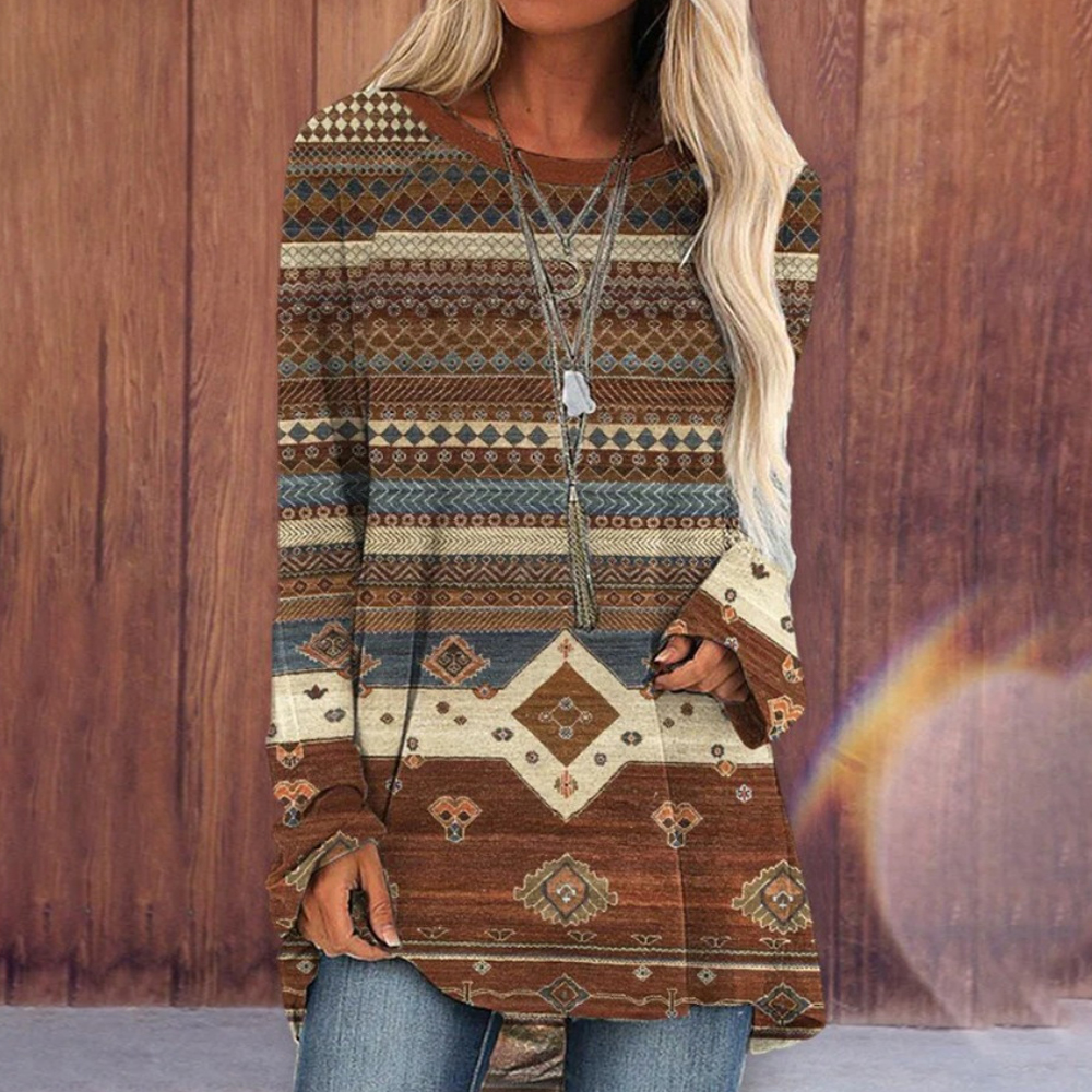 Olivoslindo Camiseta midi étnica de manga larga y cuello redondo