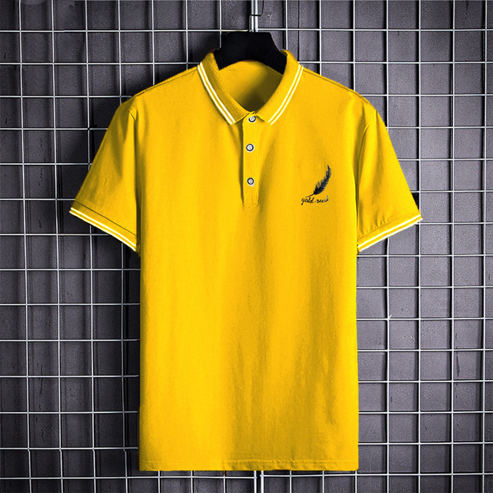 Summer Men's Feather Print Business Short Sleeve Polo Shirt