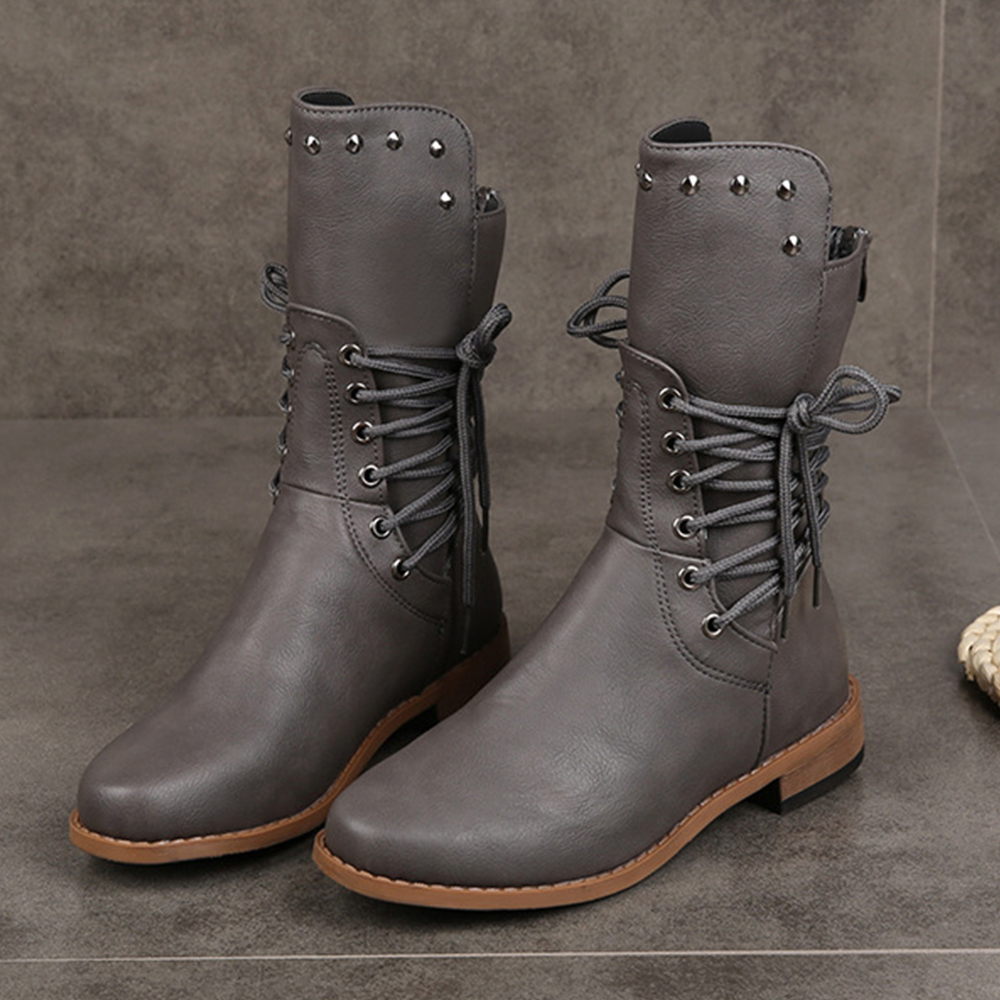 Olivoslindo Nuevo Botas de media piel con cremallera trasera de color liso para mujer