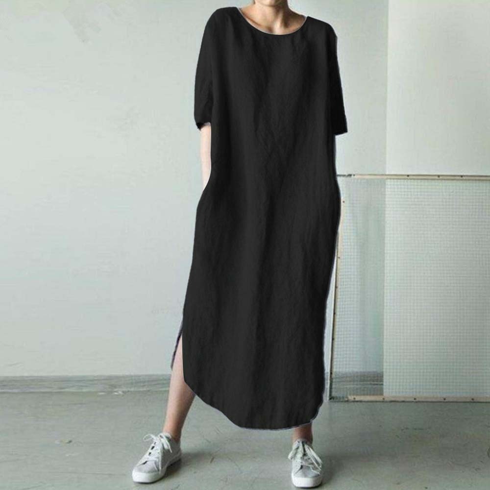 Women's fashionable side slit round neck cotton and linen dress