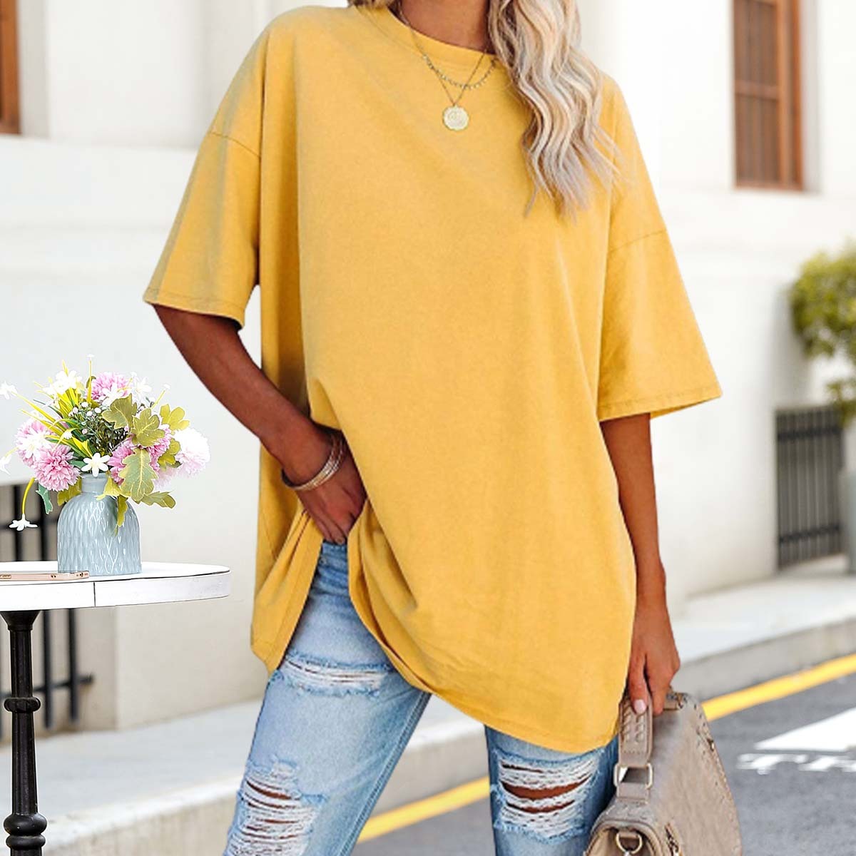 Olivoslindo Sommer Casual Damen Einfarbig Tropfen Schulter Ärmel Rundhals Lose T-Shirt