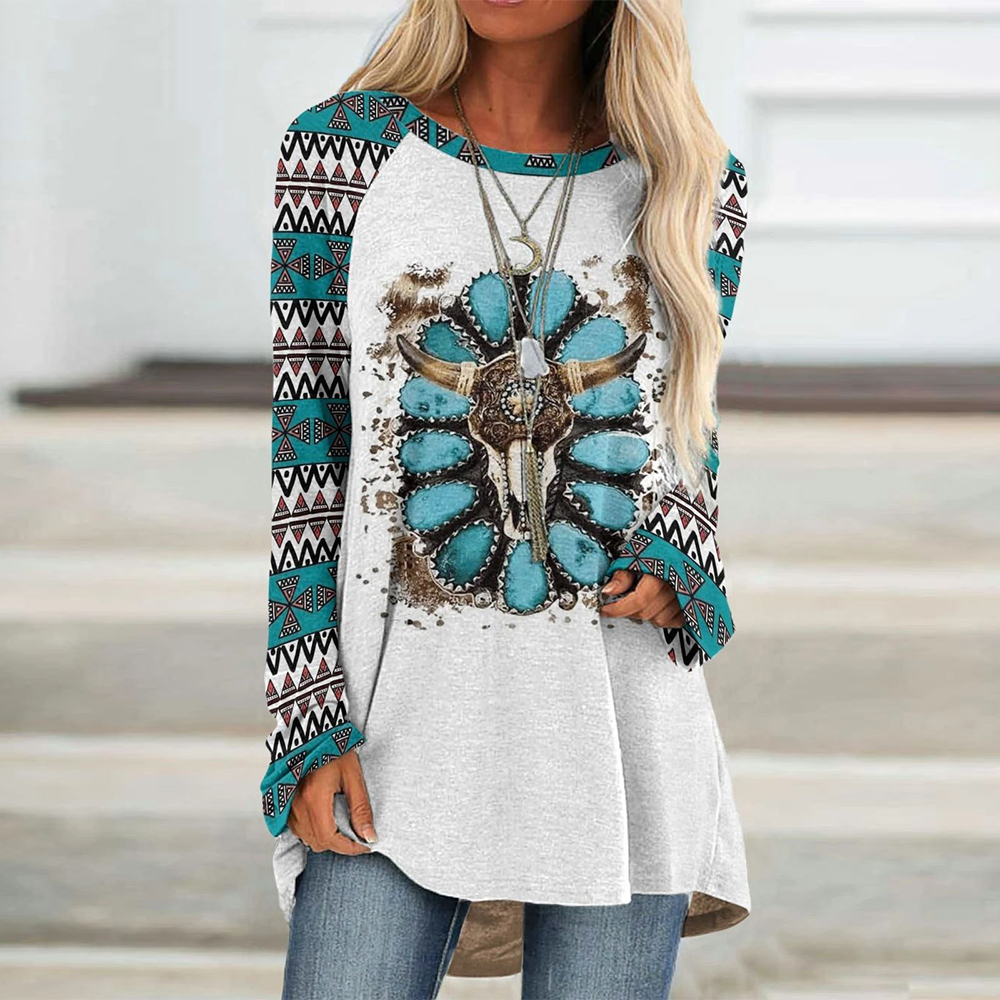 Olivoslindo Camiseta midi étnica de manga larga y cuello redondo